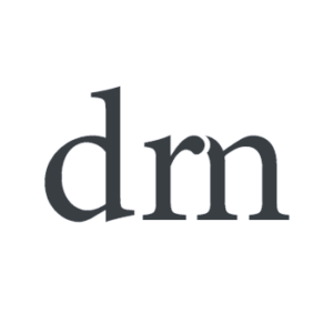 dr mucic dm logo white circle with dark gray drm letters